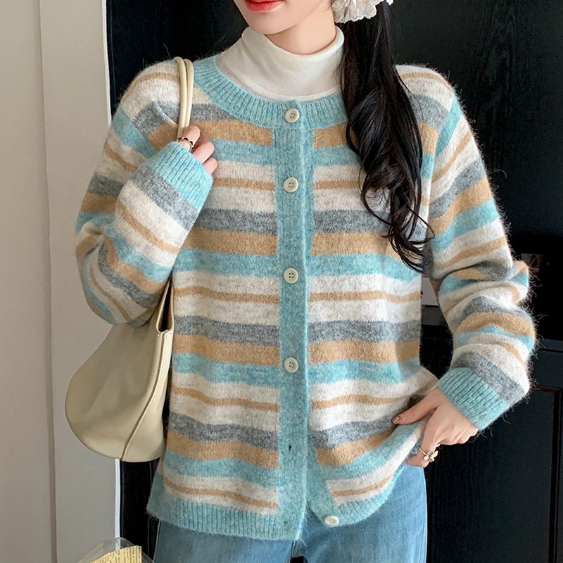 

High Quality Soft Colorful Striped Sweater Women Fall Winter Single Breasted Cardigan Female Korean Fashion O Neck Knitted Tops