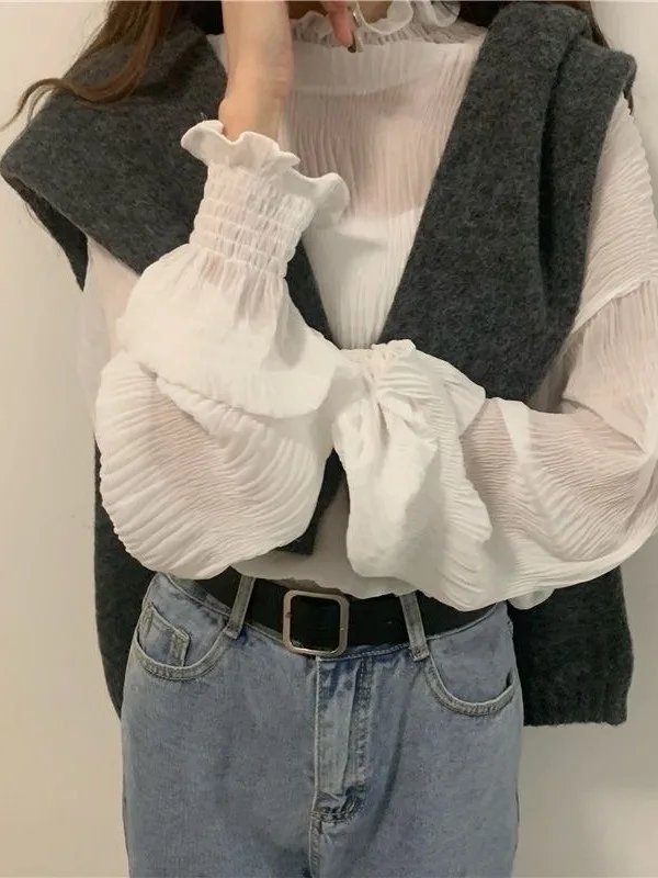 

White Lace Women's Long Sleeve Thin Mesh Base Layer Snowflake Shirt Spring Summer New Style French Style Loose Fit Casual Top