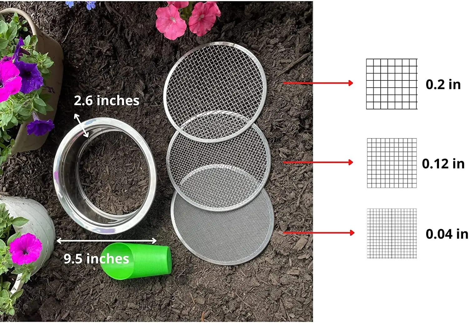 Imagem -03 - Wellhome Garden Soil Sieve Peneira de Solo Inoxidável 9.5in Sifting Pan Contém Tamanhos de Filtro de Malha e Colher de Solo