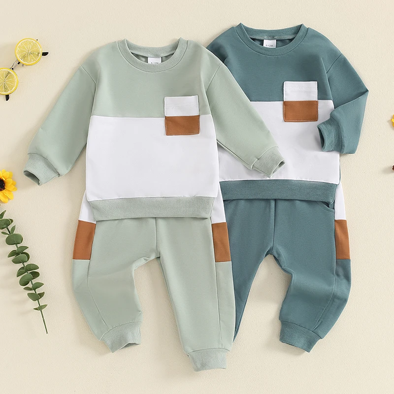 

0-3Y Toddler Kids Baby Boy Fall Sportwear Clothes Contrast Colors Long Sleeve Sweatshirts Tops Elastic Pants Tracksuits Outfits