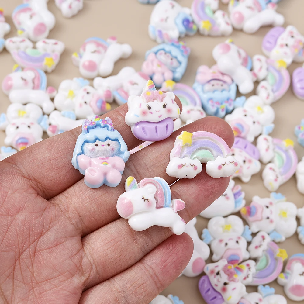 Leslie 15 Stücke Neue Nette Regenbogen Einhorn Harz Flache Rückseite Cabochon Für DIY Telefon Fall Kühlschrank Magnet BJD Puppe Kinder Spielzeug – Detail 5