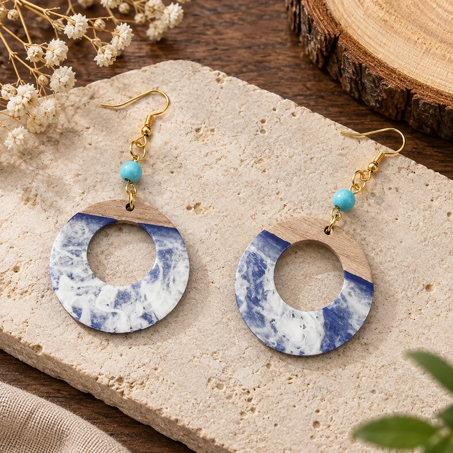 Unique Resin Wooden Round Pendant Earring Women 3 Colors Options Big Circle Ear Jewelry Casual Elegant Female Accessories