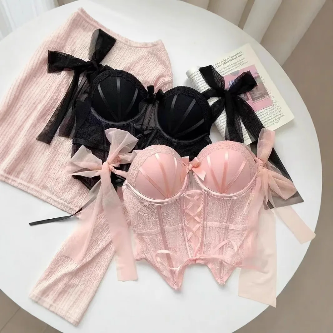 Conjunto de lencería sexy de encaje: Top halter con diseño de espina de pescado y almohadillas, parte inferior fina y parte superior gruesa, para mujer.