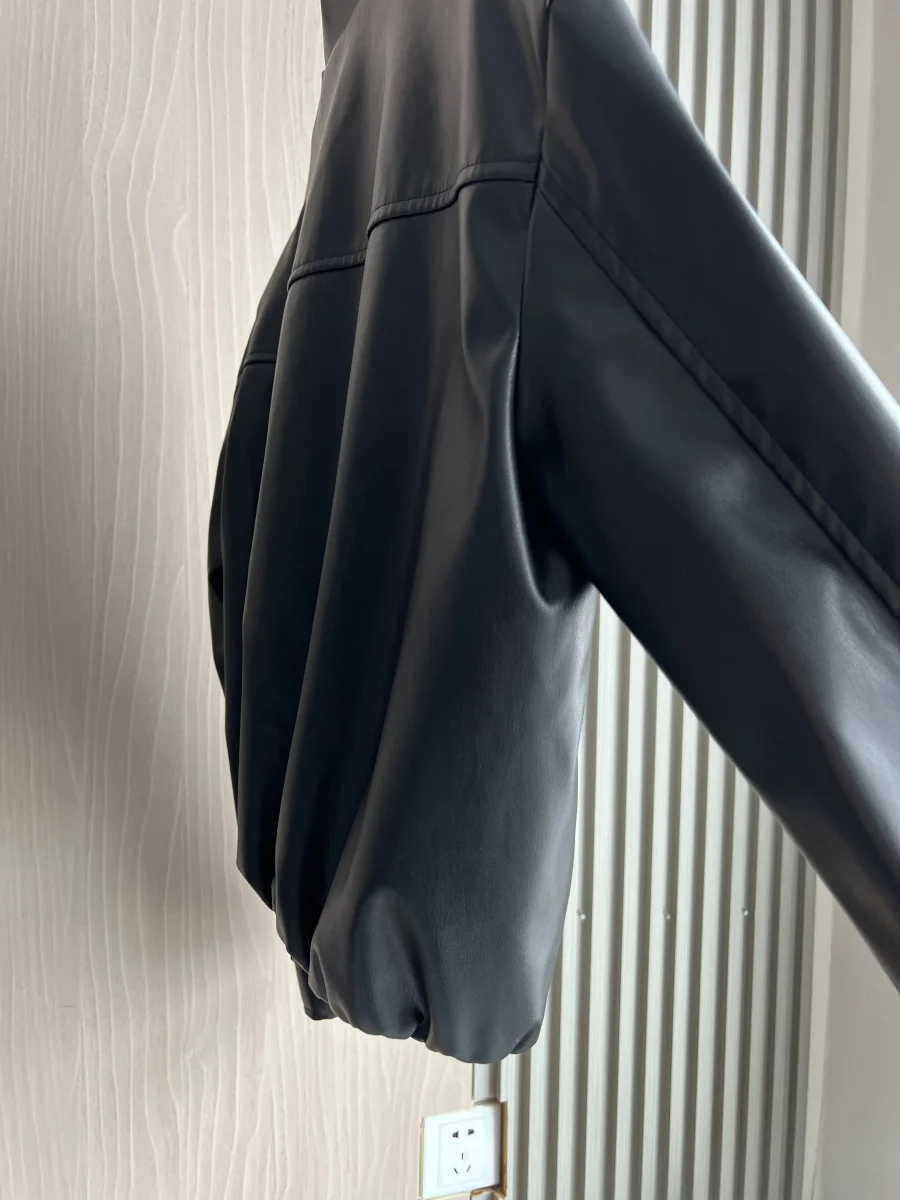 LIBIELIY خريف/شتاء جديد للمرأة نمط الشارع Y2k دراجة نارية موضة كم طويل الوقوف طوق سترة جلدية تقليد #4