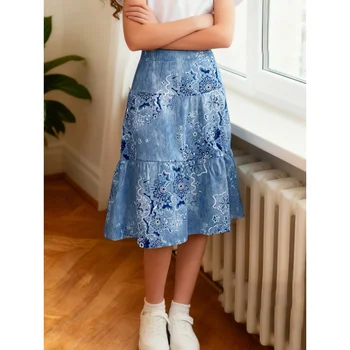 2025Girls Blue Simulated Printed Denim retro Pattern Half Skirt  Fashion All-Matching