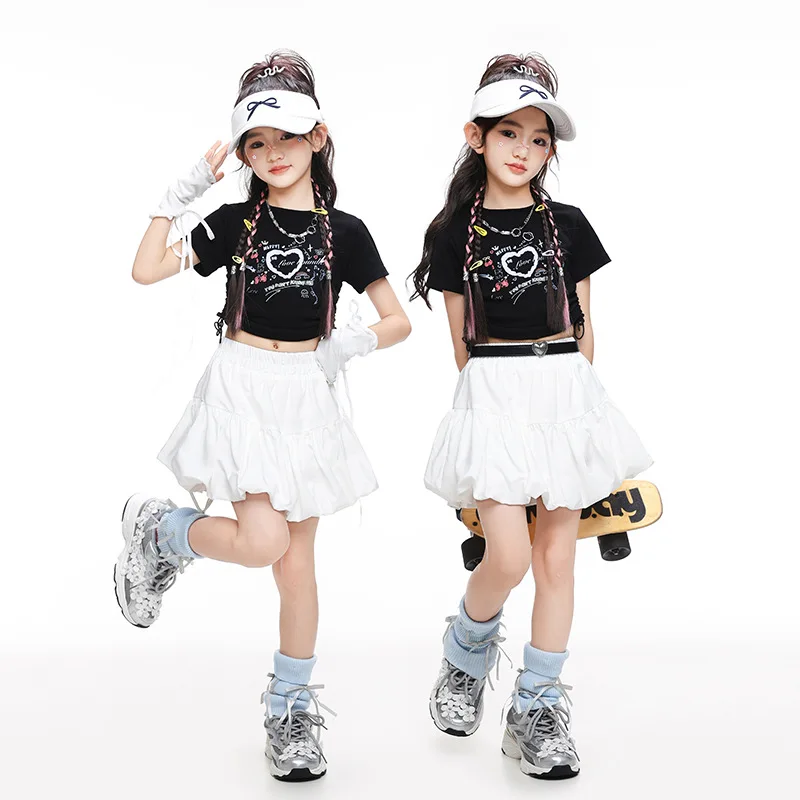 Hip Hop Kids Sweet Crop Top Street Dance Tiered Skirts Girls Streetwear Children Jazz Cheerleader Costumes Stage Clothes Sets