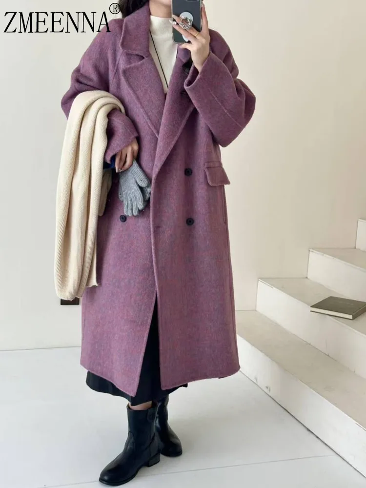 

ZMEENNA Womens Elegant Long Purple Wool Blend Double Breasted Coat With Notched Lapels And Pockets Winter Outerwear ZM3711