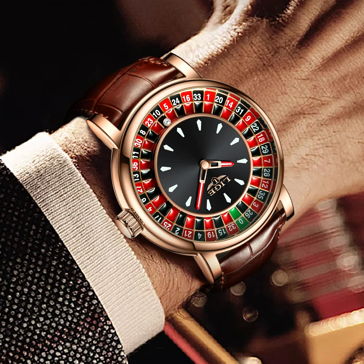 LIGE Arabic Numerals Rotating Dial Roulette Men Watch Luminous Quartz Man Wristwatch Fashion Leather Watch for Men Moveing Ball