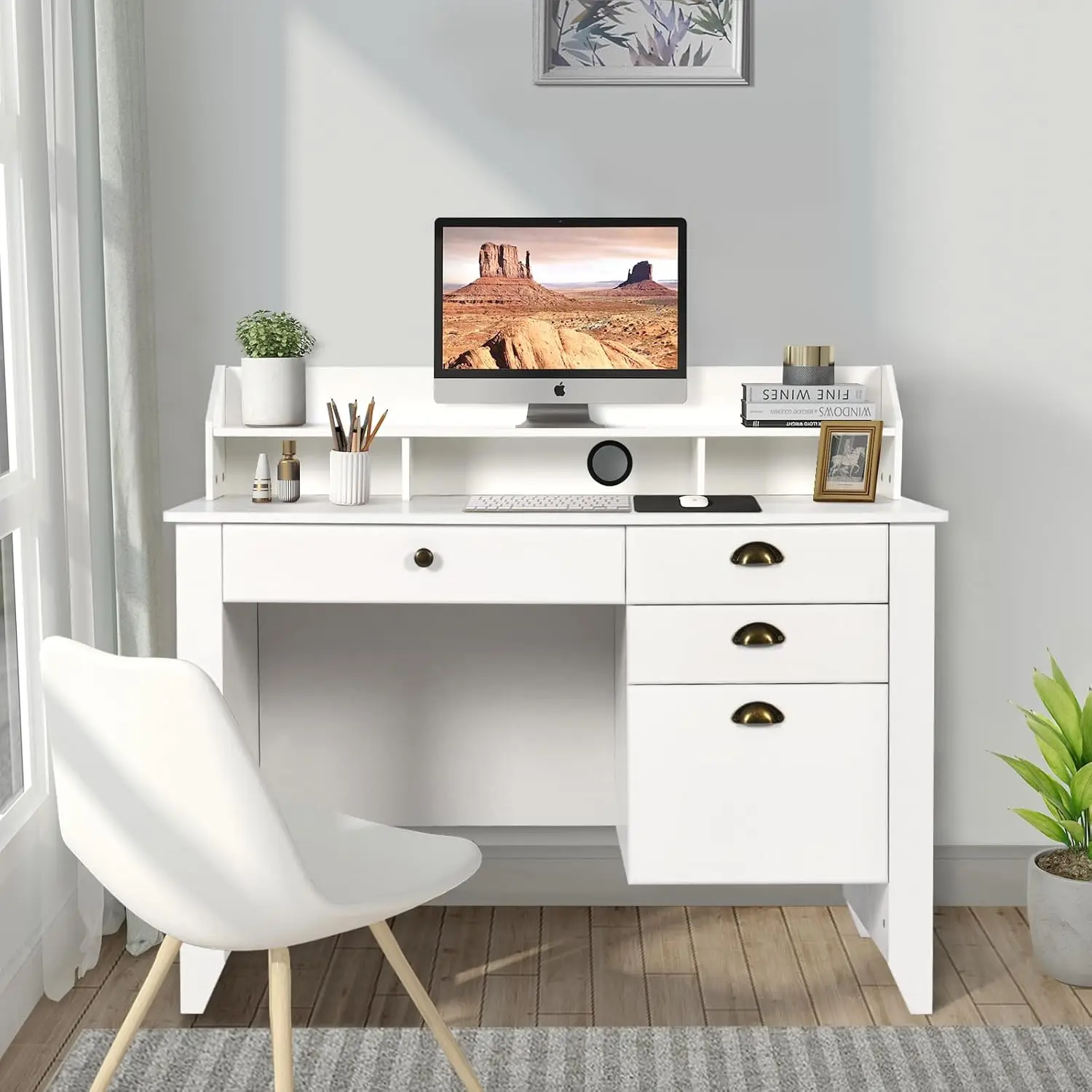 Desk with 4 Drawers Storage, Computer Small with File Drawer and Hutch, Student Kids Desk for Bedroom