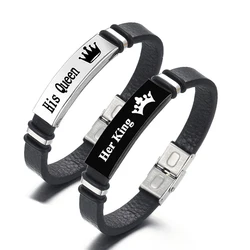 2 Pcs/Set Valentine's Day Jewelry Stainless Steel Couple Bracelet Crown His Queen Her King Leather Bangle