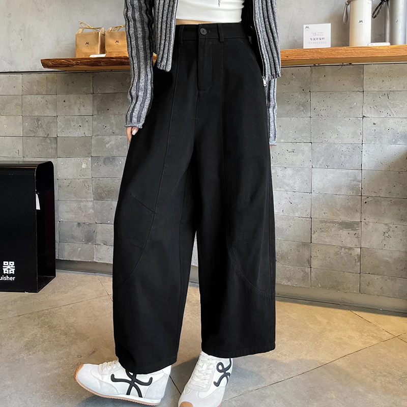 

Винтажные брюки с эластичной резинкой на талии, женские черные брюки с высокой талией и широкими штанинами до щиколотки, женские корейские модные шаровары на молнии для девочек