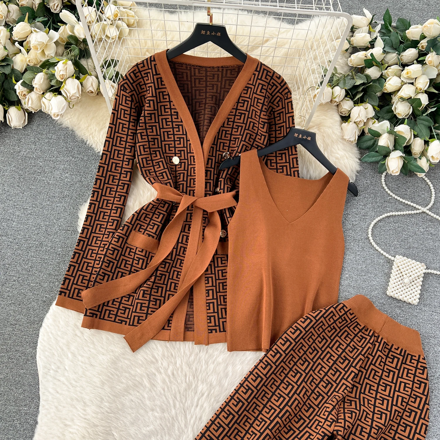 Fashion Printed Coat Inner Vest Wide Leg Pants Casual Loose Knitted Three-Piece Suit Women Outfits 2024 Autumn New Sweater Sets