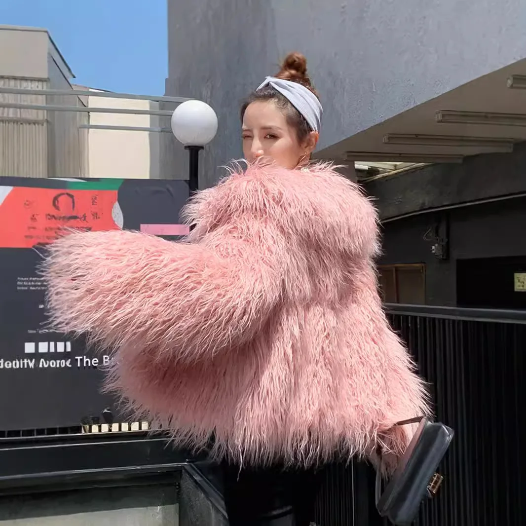 KIDCRKJ سترة نسائية شتوية فضفاضة من الفرو صديقة للبيئة طويلة ذات طية صدر السترة وياقة نسائية من الفرو الاصطناعي ملابس خارجية منفوشة متعددة الاستخدامات معطف فرو للسيدات