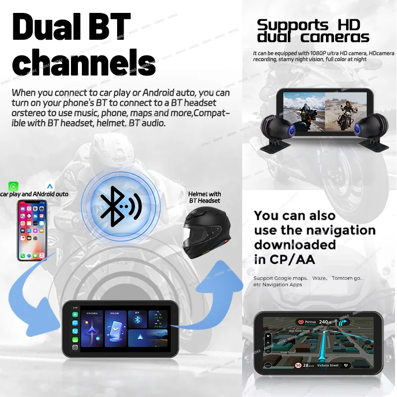 المحمولة 6.1 بوصة W6 IP67 مقاوم للماء للدراجات النارية لتحديد المواقع والملاحة اللاسلكية Carplay أندرويد السيارات DVR محرك مسجل موتو مراقب WIF