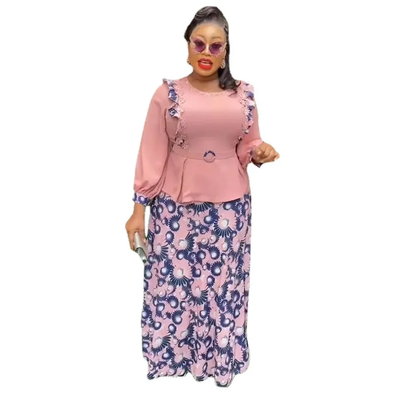 

2 Piece African Clothes for Women Summer Elegant Long Sleeve Print Top Long Skirt Matching Sets Outfits Dashiki Africa Clothing