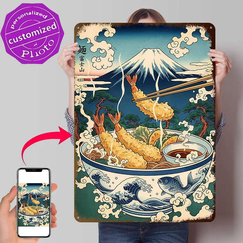 Ukiyo-e-Stil Tempura Udon Illustration 3D-Textur Metallposter Personalisiertes Wandkunst Blechschild Geschenk für Männerhöhle Badezimmer Deko
