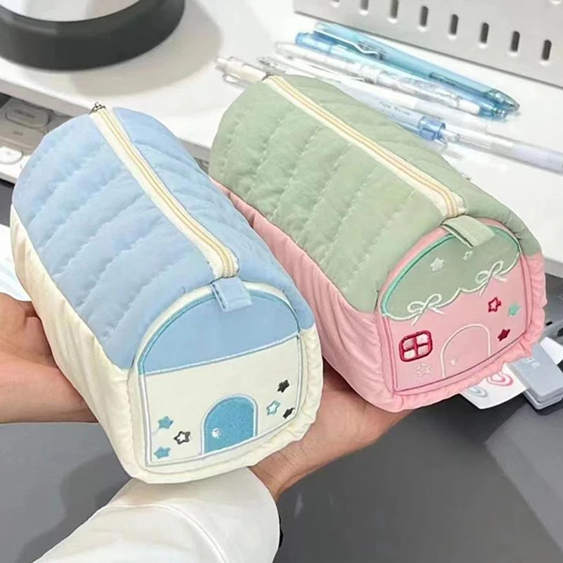 Cute Girl's Heart Pink Blue House Pencil Cases Large Capacity Storage Bags Cosmetic Bag Student Stationery School Supplies Gifts