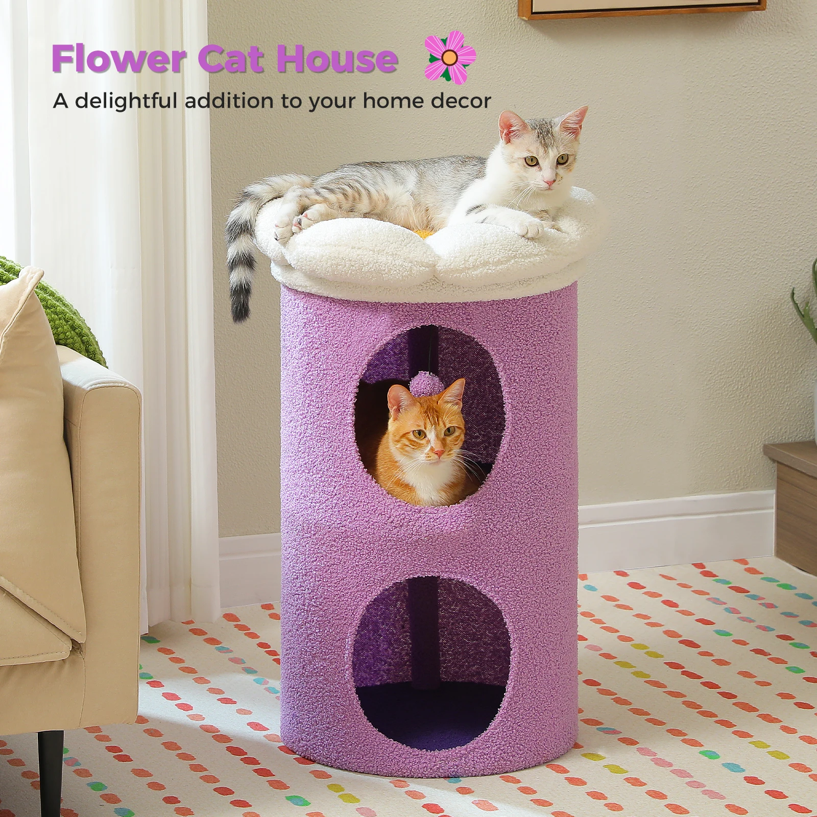 

Double-Deck Cat Bed, Spacious Cat House, Large Cat Condos for Indoor with Luxury Flower Perch, Cat Furniture for Multi Cats