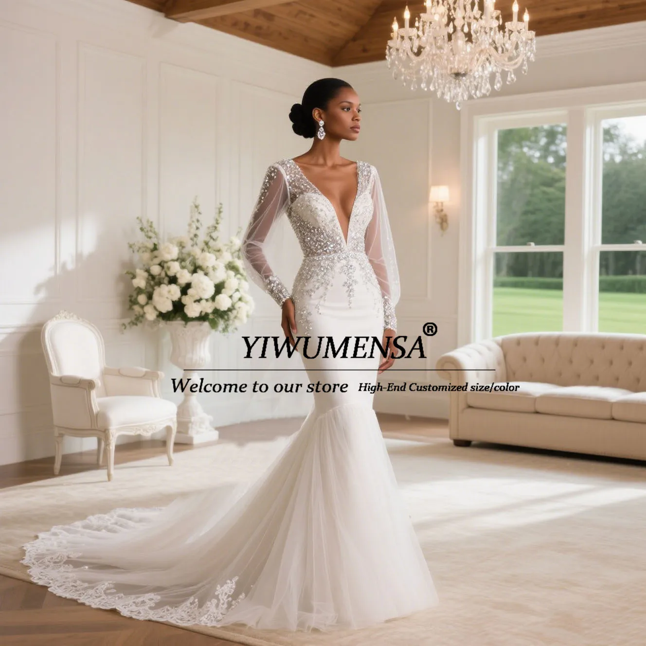 Cristais brilhantes beading sereia vestidos de casamento com decote em v inchado mangas compridas vestidos de noiva personalizado preto meninas roupas de festa