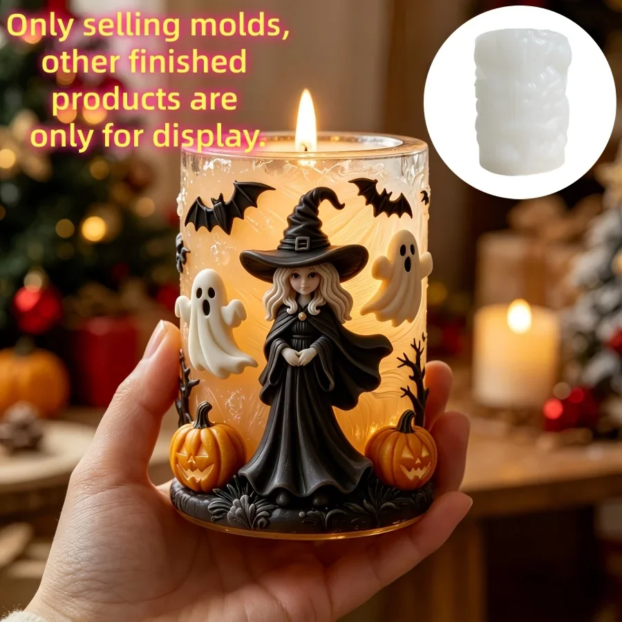 Witch Ghost Relief Cylinder Candle Silicone Mold Pumpkin Halloween Wizard Relief Resin Gypsum Molds Halloween Gift
