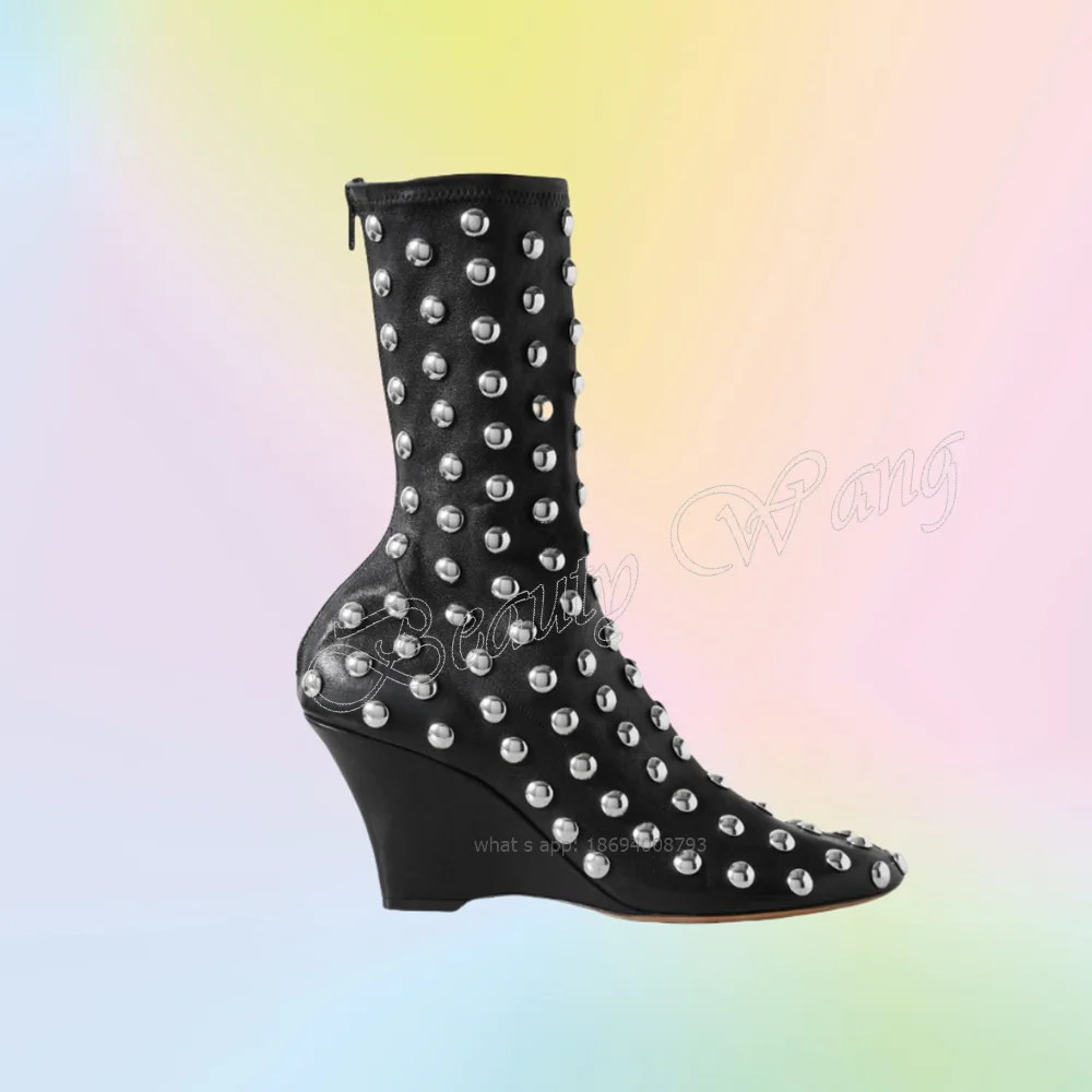 Black Multi Rivet Decor Boots Back Zipper Ankle Shoes Wedges High Heel Shoes for Women Runway High Heels 2023 Zapatillas Mujer