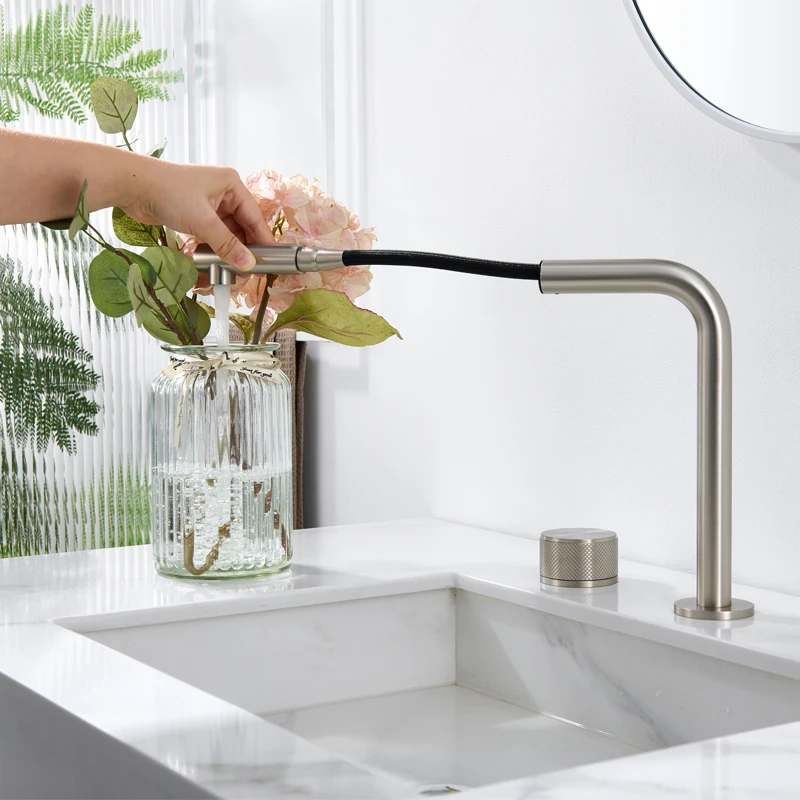 Split type pull-out faucet, hot and cold water surface basin, wash basin, minimalist double hole rotatable