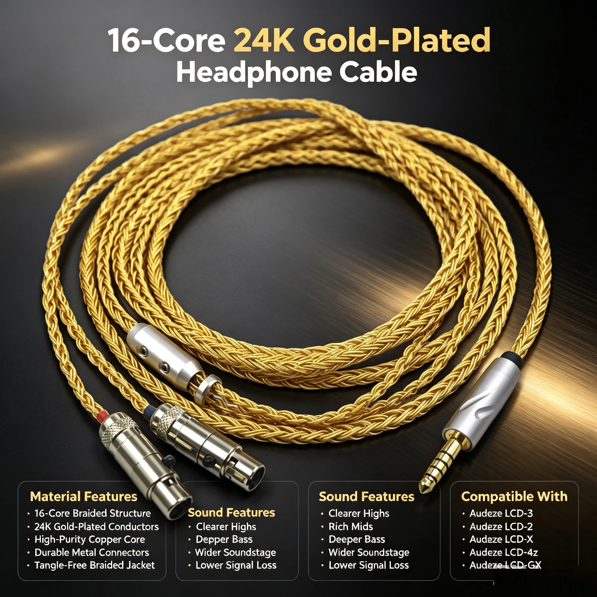 16 Core 24k Gold Plated Upgrade Balanced 2.5mm 4.4 6.5 Earphone Cable For Audeze LCD-3 LCD-2 LCD-X LCD-XC LCD-4z LCD-MX4 LCD-GX