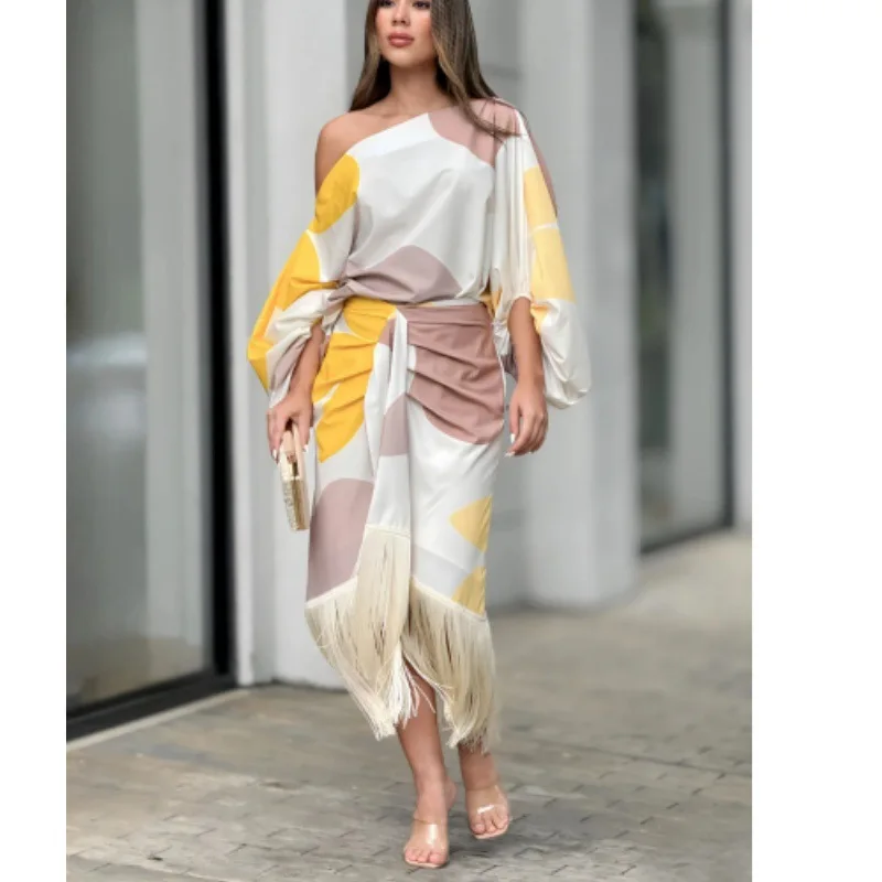 Spring Fashion Print Lantern Sleeve Women Dress Outfit Diagonal Collar Top Tassel Hem High Waist Skirt Set 2 Piece Two Piece Set