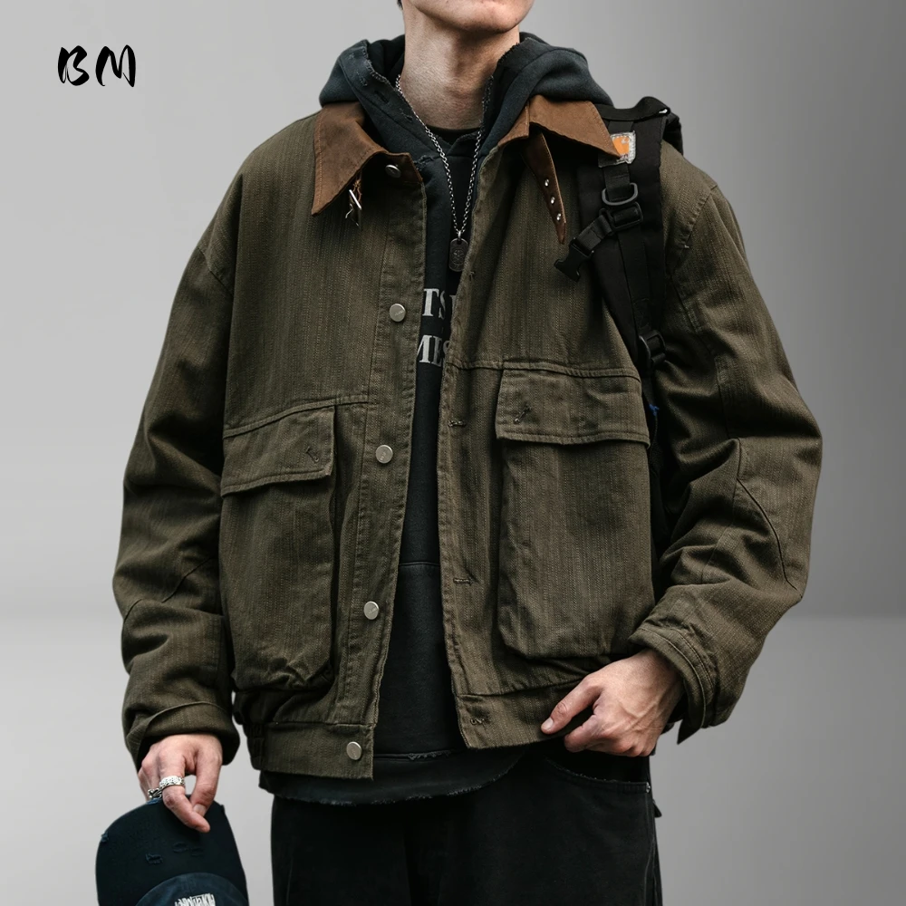 

Мужская американская винтажная куртка-карго с потертым воротником с лацканами, высокое качество, стандартный крой, весенне-осеннее повседневное универсальное пальто