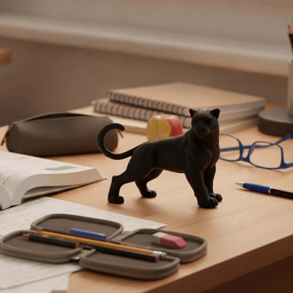 Black 3D Printing Panther Statue Standing Posture Muscular Panther Desktop Ornament Head Turning Tail Up Leopard Figure