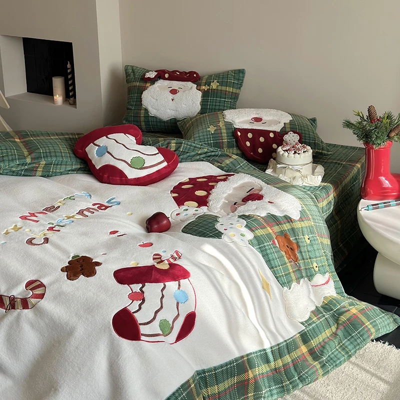 3/4Pcs Cute Santa Claus Embroidery Winter Warm Milk Velvet Bedding Set Single Duvet Cover Bed Sheet Pillowcases Christmas Gifts