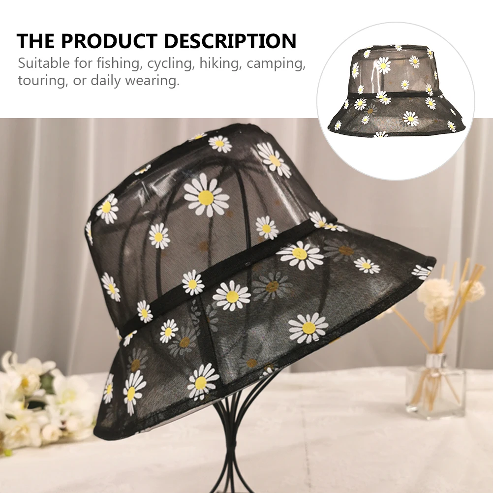 

Fisherman Bucket Hat Sun Hat Anti UV Cap Daisy Print Women Black Mesh Breathable Lightweight Fashion Outdoor Summer Beach Travel