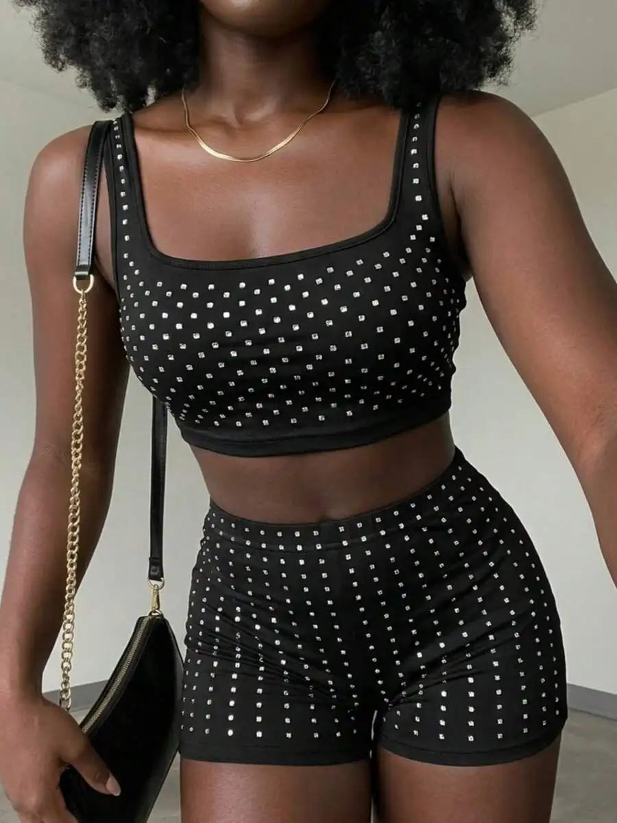 

Sparkly Square Neck Rhinestone Two Piece Set For Club Party Night Out