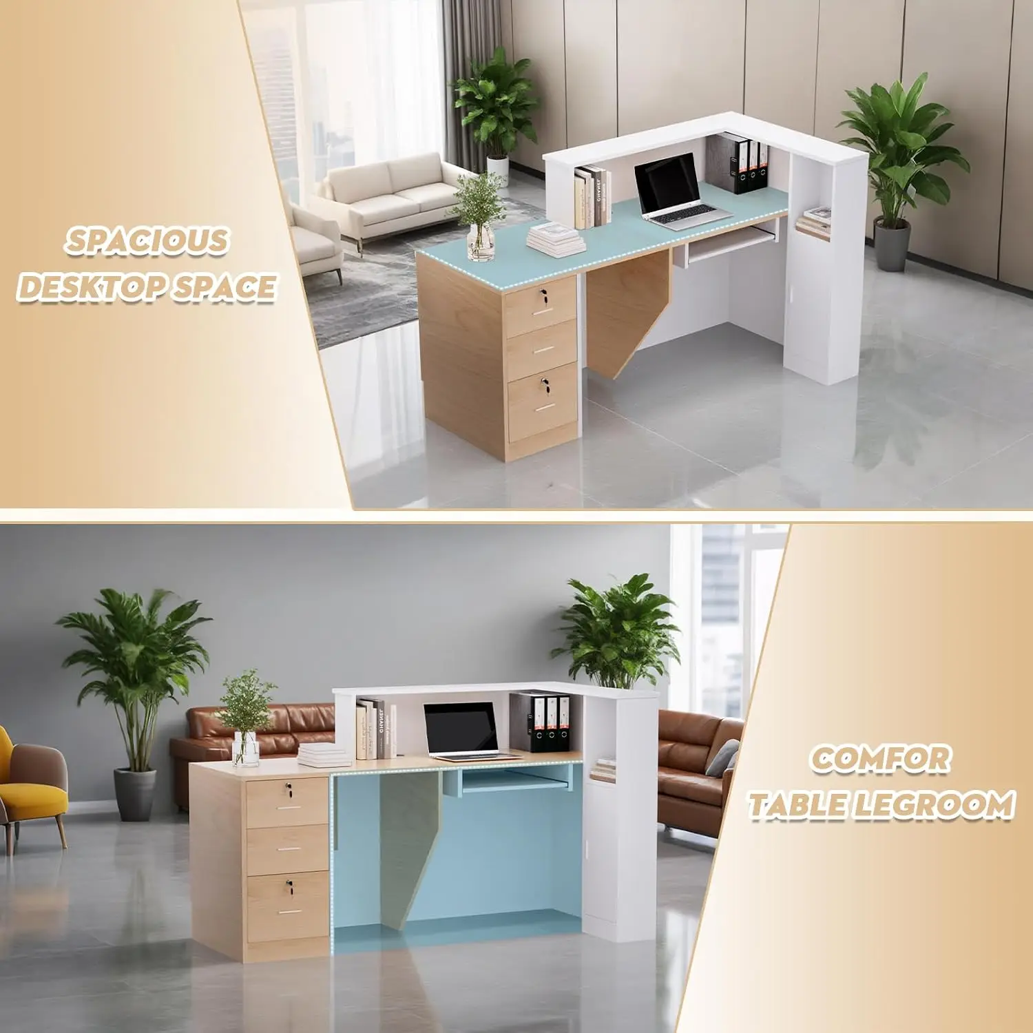 Reception Desk with Lockable Drawers, L-Shaped Large Wooden Modern Front Desk Reception Counter with Storage & Keyboard Tray, fo view 4