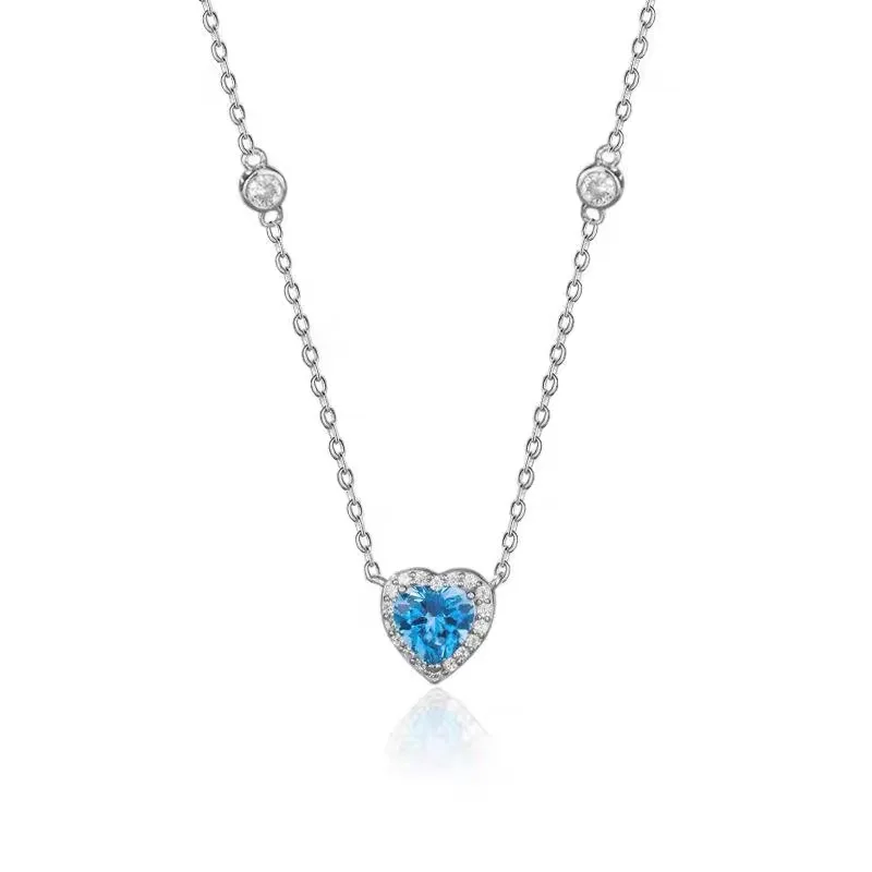 925 Sterling Silver Chain Unique and Stunning Women\'s Blue Love Heart Zircon Pendant Neck with Trendy Design Jewelry
