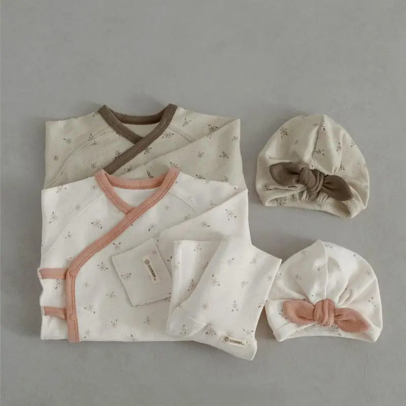 

2026 Spring New Baby Long Sleeve Clothes Set Boy Girls Cotton Tops + High Waisted Pants + Hat 3pcs Suit Infant Pajamas Outfits