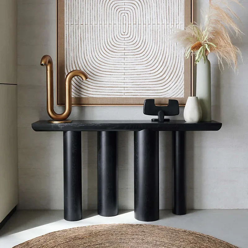 Italian modern simple entrance table, Nordic living room tempered glass wabi-sabi wind black wall entrance table