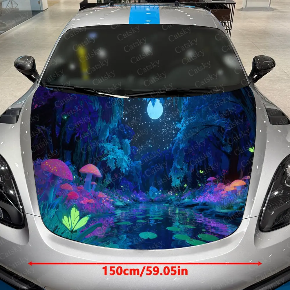 Neon Blue Forest Nightscape Car Vinyl Wrap, PVC Waterproof Car Hood Sticker, Self-Adhesive Scratch-Resistant Stickers