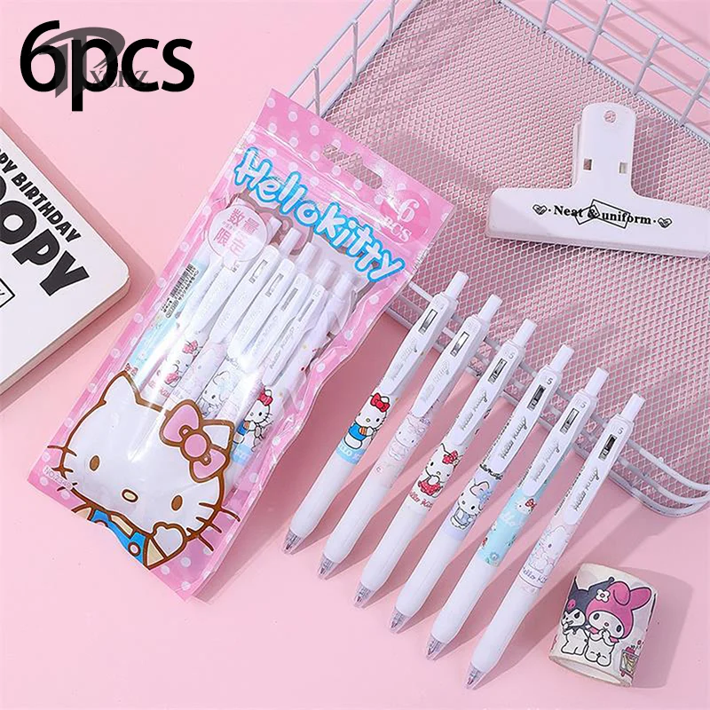 6Pc/Bag Cute Cartoon Sanrio Press-on Gel Pen Hello Kitty 0.5 Quick-drying Smooth Ballpoint Pen Stationery Black Office Write Pen