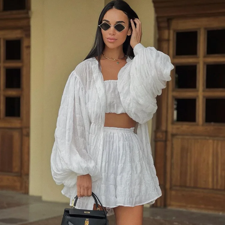 Women's 2024 Summer New Long Sleeved White Shirt Loose Chest Dressing High Waist Shorts Three Piece Set