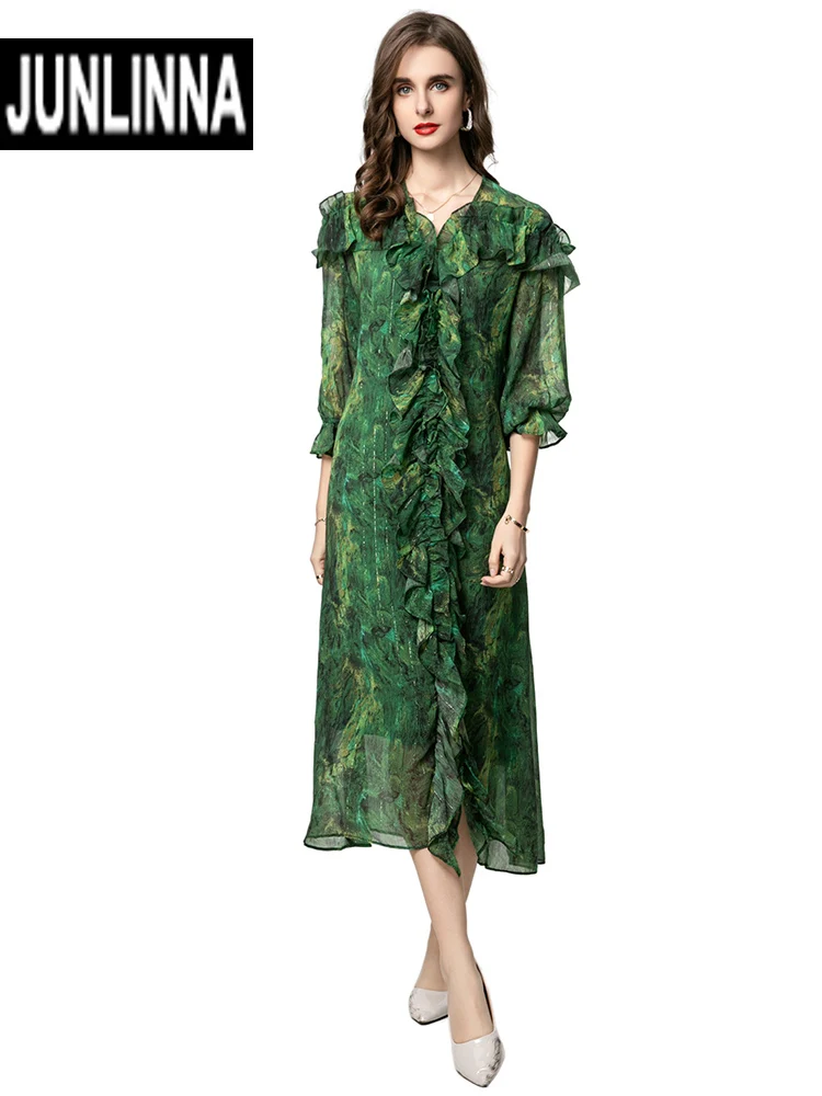 

JUNLINNA Spring Summer Dress Women V Neck Three Quarter Sleeve Flare Party Holiday Ruffles Vestidos Elegant Lady