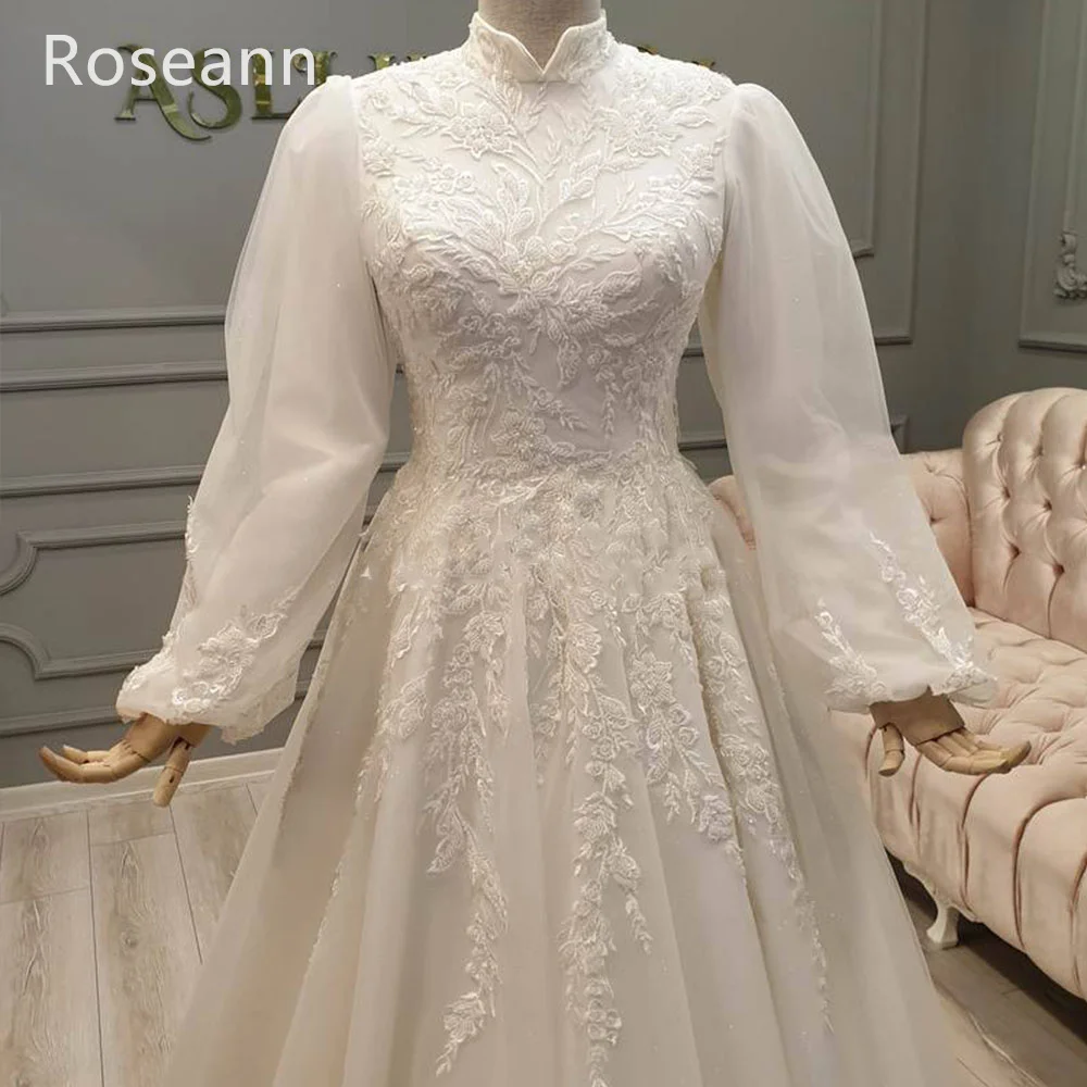 Muslim High Quality Ivory A-line Wedding Dresses High Collar Draped Pleat Applique Bride Dresses Floor Length robe de mariée