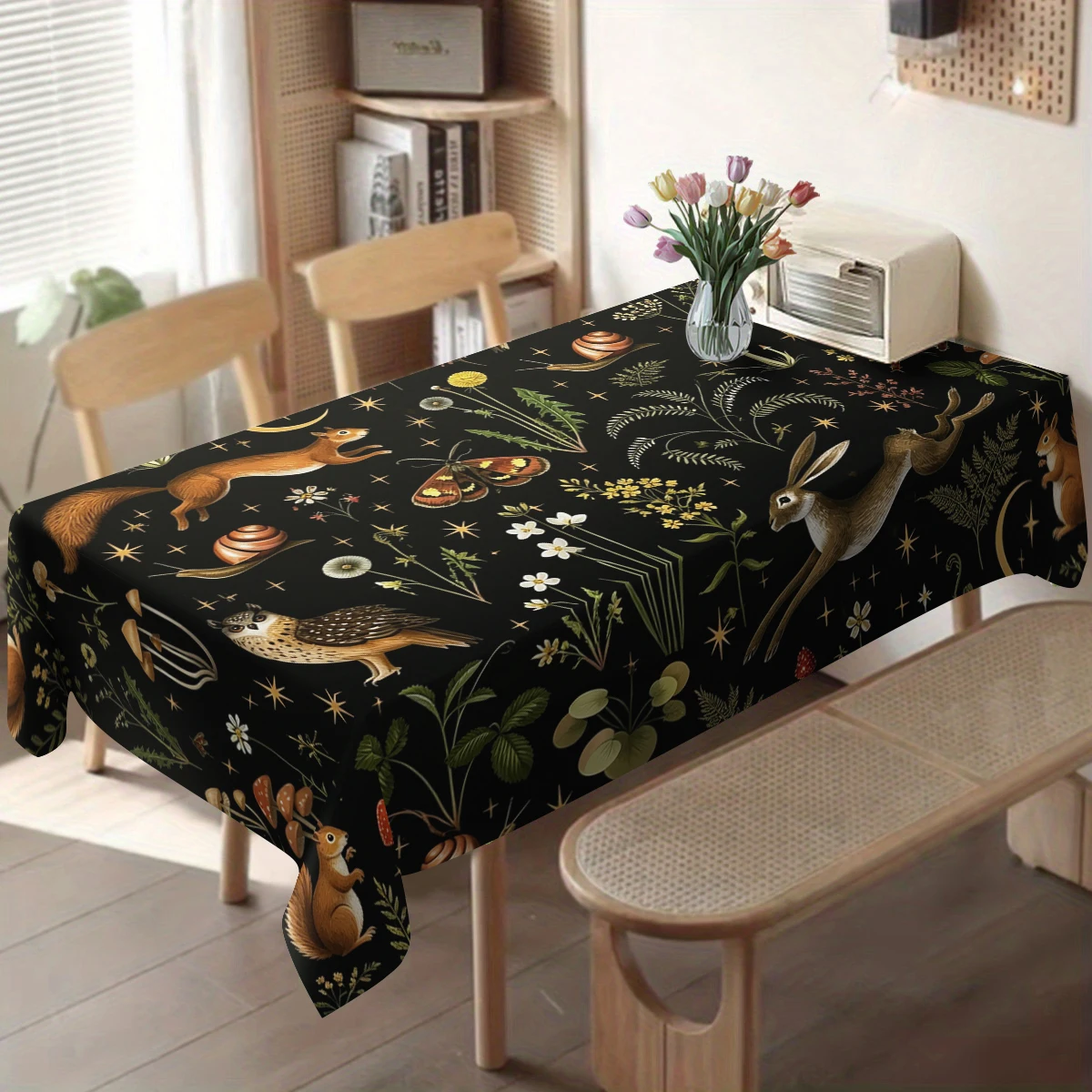 Bohemian Eye Feather Geometric Pattern Polyester Tablecloth, Stylish Decorative Dining Table Cover for Home, Cafe and Daily Use