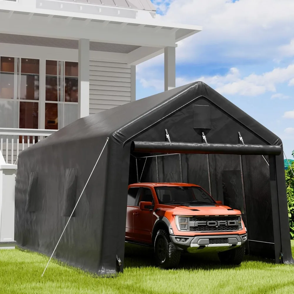 

12 x 20 FT Carport with All-Steel Metal Frame & Ventilated Windows, Anti-Snow UV Protection Storage Shelter，Peak Portable Garage