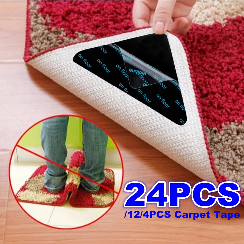 4/12/24PCS Reusable Rug Gripper Tape Double Sided Adhesive Non-Slip Rug Pad Tape Stickers Washable Area Rug Pad Carpet Tape