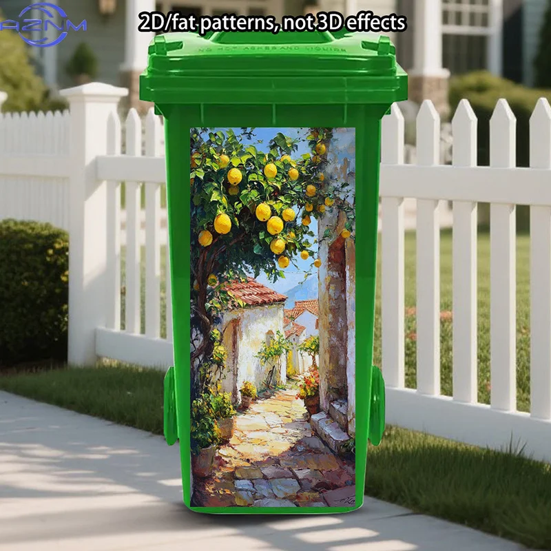 1pc Sunlit Courtyard Trash Can Stickers | Lemon Grove Peel and Stick Stickers, Mediterranean Village Trash Can Sticker, Gorgeo