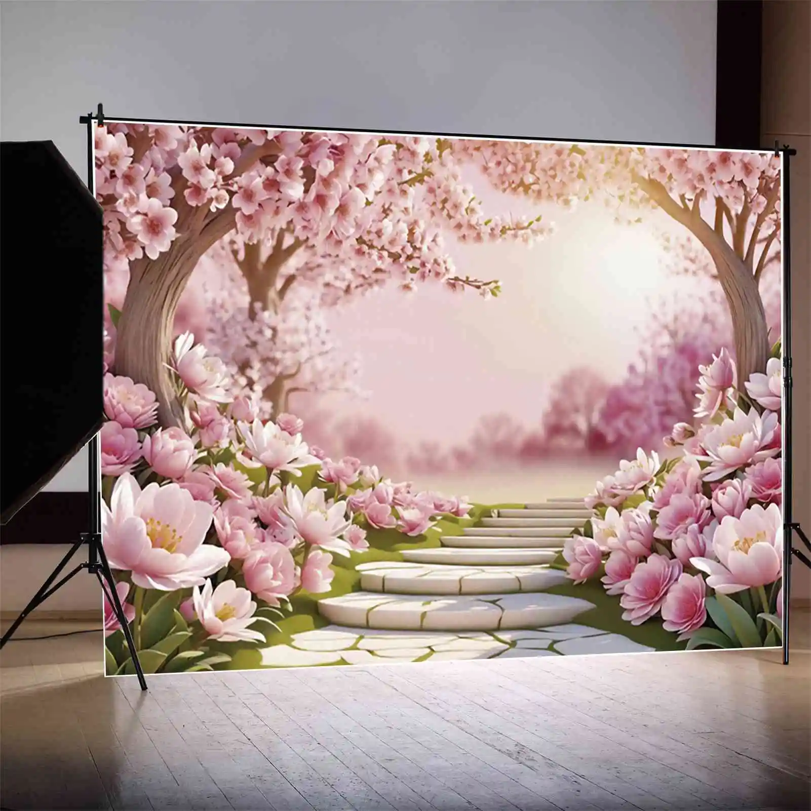 MOON.QG Spring Garden Flowers Photography Backdrop Pink Bloom Blossom Photobooth Background Fairy Forest Home Decorations Wall