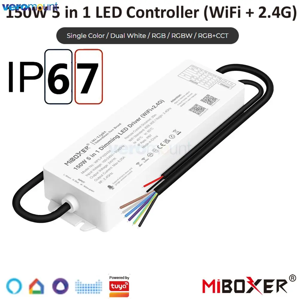 MiBoxer AC110V 220V to DC 24V 150W WiFi+2.4G Remote Control Dimming LED Driver for Single Color/Dual White/RGB/RGBW/RGBCCT Strip