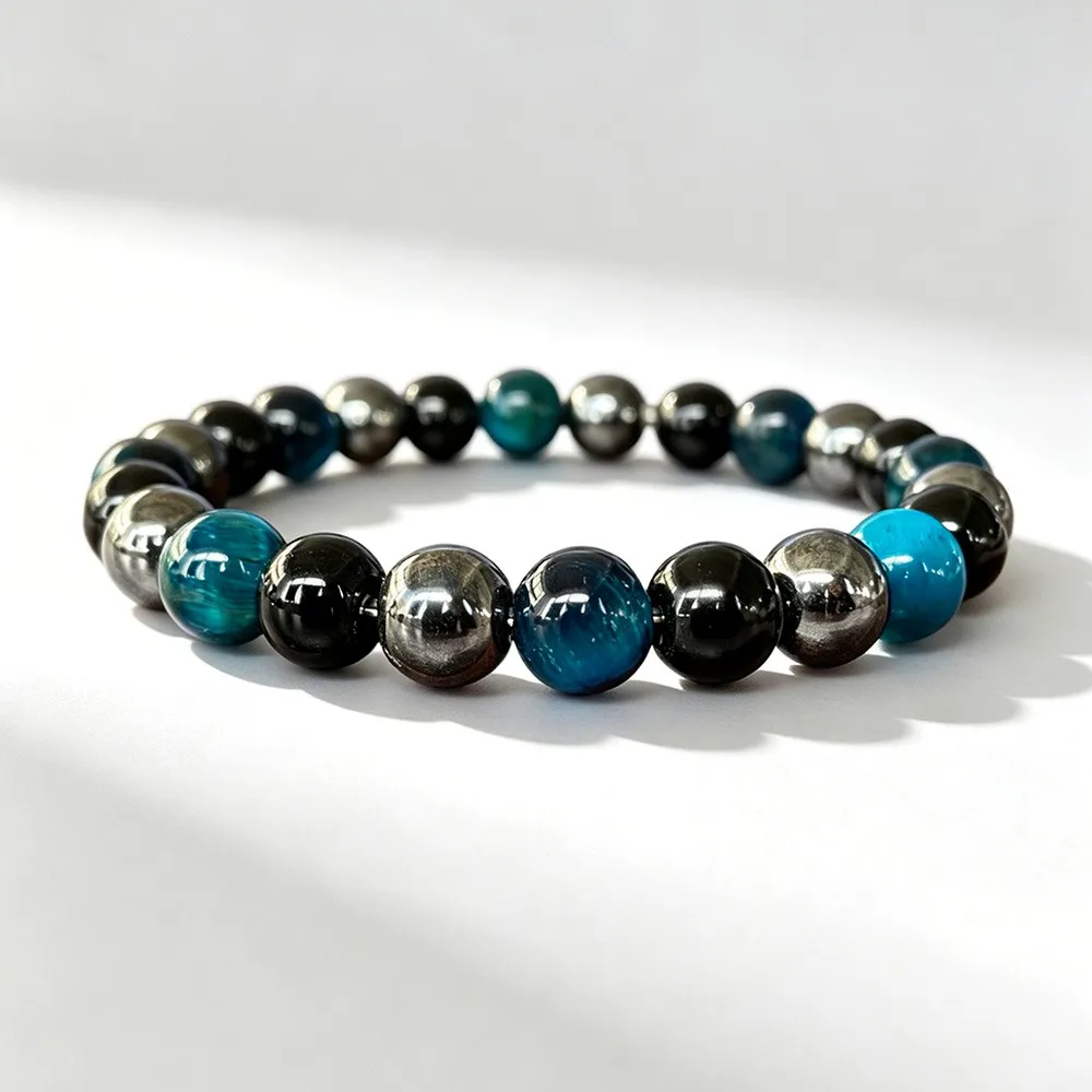 Men's Blue Tiger Eye Bracelet Three Stone Segment Blue Black Contrast Beaded Guardian Handmade Vintage Elegant Jewelry Gift