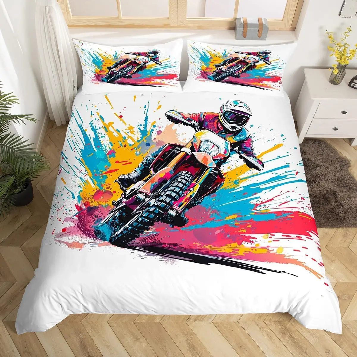 

Пуховый пододеяльник для мотокросса Queen King Size Гоночный комплект постельного белья для мотокросса Пододеяльник для мальчиков-подростков Мотоциклетный комплект из 3 предметов